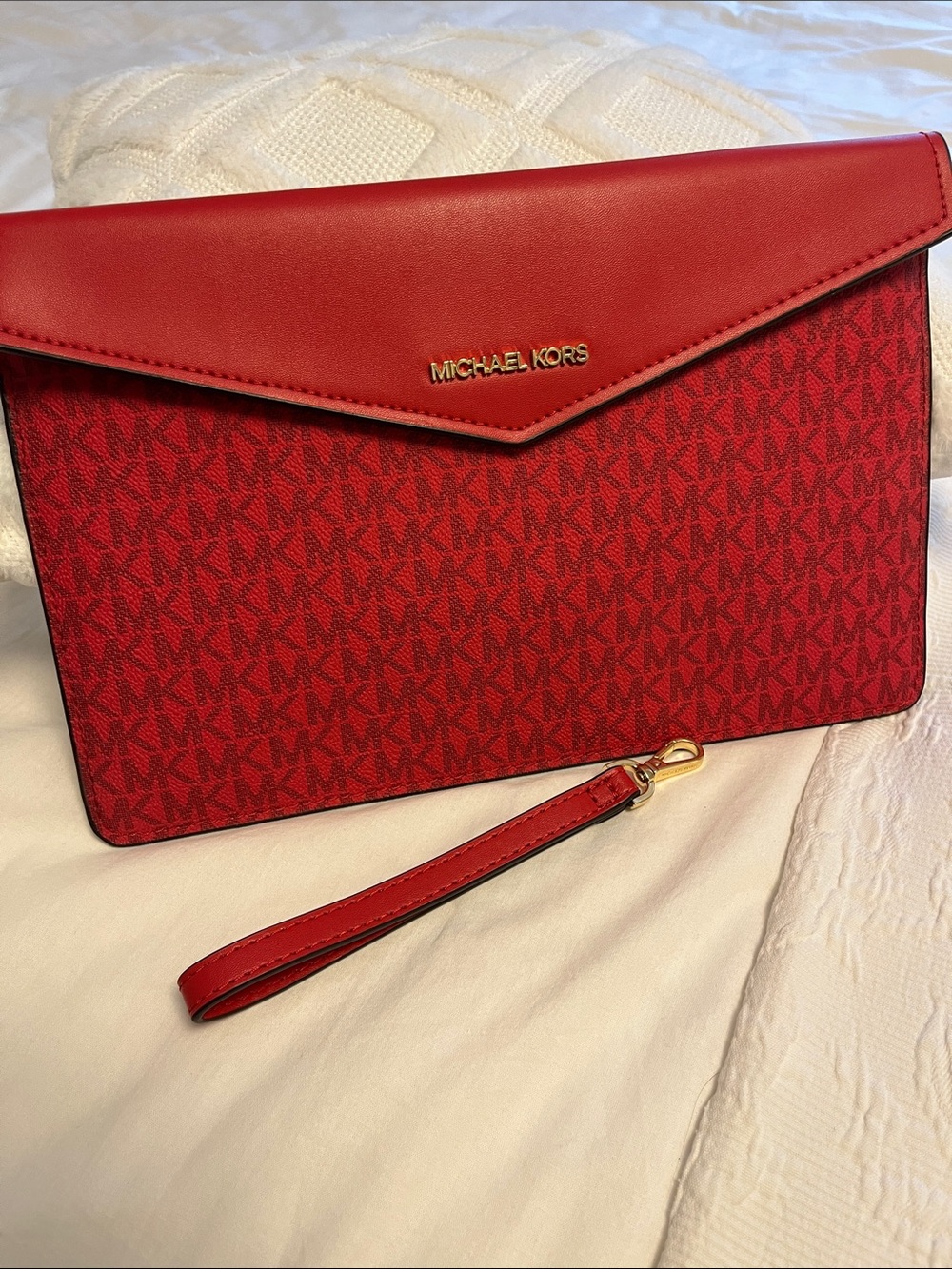 Michael Kors Red MK Logo Wristlet Clutch with Gold Hardware